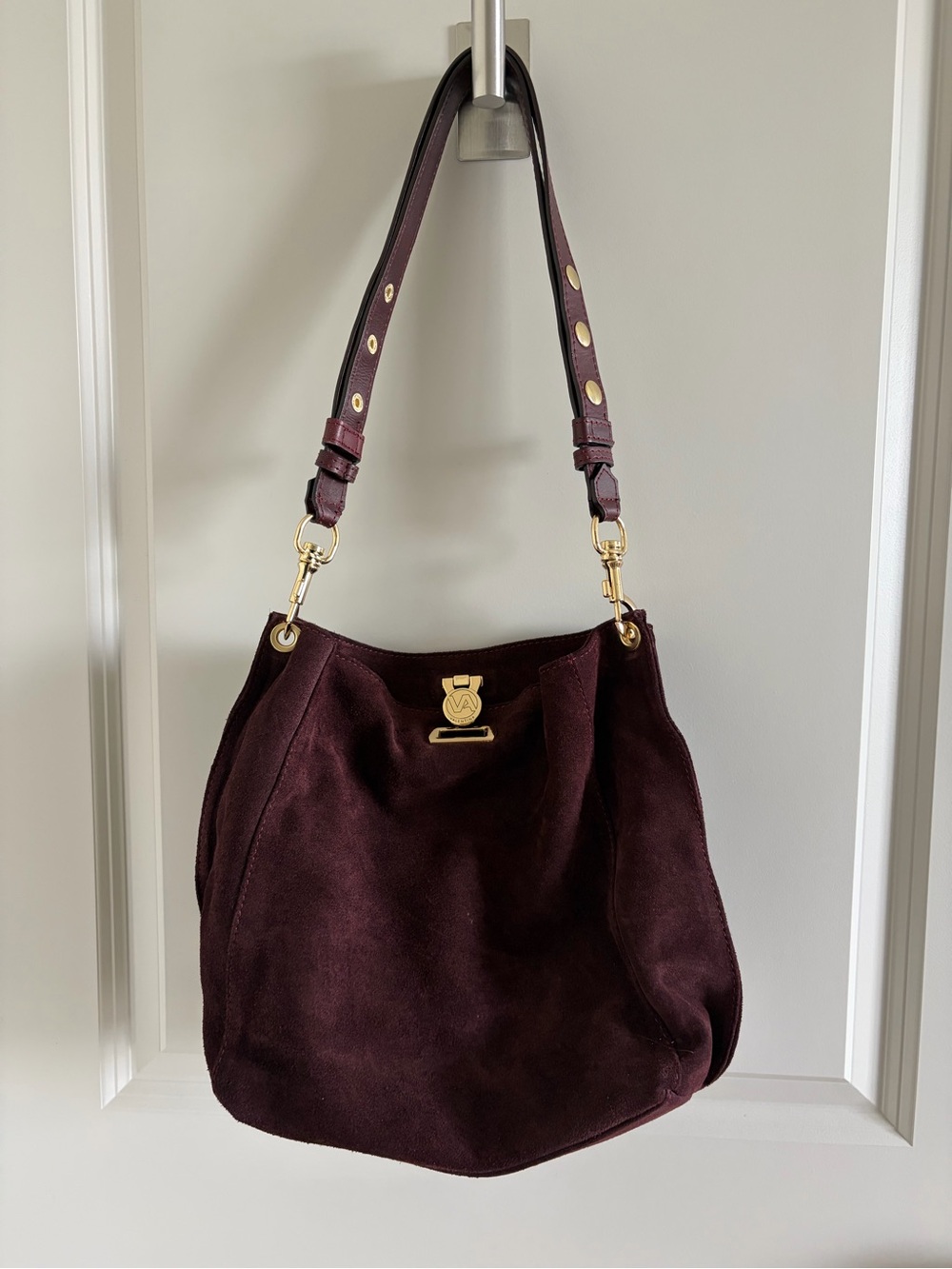 Valentina Deep Burgundy Suede Hobo with Gold Accents